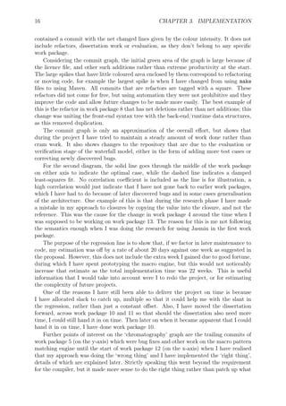 16 CHAPTER 3. IMPLEMENTATION
contained a commit with the net changed lines given by the colour intensity. It does not
include refactors, dissertation work or evaluation, as they don’t belong to any speciﬁc
work package.
Considering the commit graph, the initial green area of the graph is large because of
the licence ﬁle, and other such additions rather than extreme productivity at the start.
The large spikes that have little coloured area enclosed by them correspond to refactoring
or moving code, for example the largest spike is when I have changed from using make
ﬁles to using Maven. All commits that are refactors are tagged with a square. These
refactors did not come for free, but using automation they were not prohibitive and they
improve the code and allow future changes to be made more easily. The best example of
this is the refactor in work package 8 that has net deletions rather than net additions; this
change was uniting the front-end syntax tree with the back-end/runtime data structures,
as this removed duplication.
The commit graph is only an approximation of the overall eﬀort, but shows that
during the project I have tried to maintain a steady amount of work done rather than
cram work. It also shows changes to the repository that are due to the evaluation or
veriﬁcation stage of the waterfall model, either in the form of adding more test cases or
correcting newly discovered bugs.
For the second diagram, the solid line goes through the middle of the work package
on either axis to indicate the optimal case, while the dashed line indicates a damped
least-squares ﬁt. No correlation coeﬃcient is included as the line is for illustration, a
high correlation would just indicate that I have not gone back to earlier work packages,
which I have had to do because of later discovered bugs and in some cases generalisation
of the architecture. One example of this is that during the research phase I have made
a mistake in my approach to closures by copying the value into the closure, and not the
reference. This was the cause for the change in work package 4 around the time when I
was supposed to be working on work package 13. The reason for this is me not following
the semantics enough when I was doing the research for using Jasmin in the ﬁrst work
package.
The purpose of the regression line is to show that, if we factor in later maintenance to
code, my estimation was oﬀ by a rate of about 20 days against one week as suggested in
the proposal. However, this does not include the extra week I gained due to good fortune,
during which I have spent prototyping the macro engine, but this would not noticeably
increase that estimate as the total implementation time was 22 weeks. This is useful
information that I would take into account were I to redo the project, or for estimating
the complexity of future projects.
One of the reasons I have still been able to deliver the project on time is because
I have allocated slack to catch up, multiple so that it could help me with the slant in
the regression, rather than just a constant oﬀset. Also, I have moved the dissertation
forward, across work package 10 and 11 so that should the dissertation also need more
time, I could still hand it in on time. Then later on when it became apparent that I could
hand it in on time, I have done work package 10.
Further points of interest on the ‘chromatography’ graph are the trailing commits of
work package 5 (on the y-axis) which were bug ﬁxes and other work on the macro pattern
matching engine until the start of work package 12 (on the x-axis) when I have realised
that my approach was doing the ‘wrong thing’ and I have implemented the ‘right thing’,
details of which are explained later. Strictly speaking this went beyond the requirement
for the compiler, but it made more sense to do the right thing rather than patch up what
 