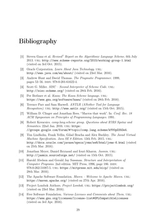 Bibliography
[1] Steven Ganz et al. Revised7
Report on the Algorithmic Language Scheme. 6th July
2013. url: http://www.scheme-reports.org/2015/working-group-1.html
(visited on 3rd Oct. 2015).
[2] Oracle Corporation. Learn About Java Technology. url:
http://www.java.com/en/about/ (visited on 23rd Mar. 2016).
[3] Andrew Hunt and David Thomas. The Pragmatic Programmer. 1999,
pages 53–56. isbn: 978-0-201-61622-4.
[4] Scott G. Miller. SISC – Second Interpreter of Scheme Code. url:
http://sisc-scheme.org/ (visited on 28th Feb. 2016).
[5] Per Bothner et al. Kawa: The Kawa Scheme language. url:
https://www.gnu.org/software/kawa/ (visited on 28th Feb. 2016).
[6] Terence Parr and Sam Harwell. ANTLR (ANother Tool for Language
Recognition). url: http://www.antlr.org/ (visited on 15th Oct. 2015).
[7] William D. Clinger and Jonathan Rees. “Macros that work”. In: Conf. Rec. 18
ACM Symposium on Principles of Programming Languages. 1991.
[8] Robert Kovacsics. comp.lang.scheme group. Questions about R7RS Syntax and
Semantics. 22nd Jan. 2016. url: https:
//groups.google.com/forum/#!topic/comp.lang.scheme/kYV0pO35Oe4.
[9] Tim Lindholm, Frank Yellin, Gilad Bracha and Alex Buckley. The Javaő Virtual
Machine Speciﬁcation. Java SE 8 Edition. 13th Feb. 2015. url:
http://docs.oracle.com/javase/specs/jvms/se8/html/jvms-6.html (visited
on 25th Mar. 2016).
[10] Jonathan Meyer, Daniel Reynaud and Iouri Kharon. Jasmin. url:
http://jasmin.sourceforge.net/ (visited on 15th Oct. 2015).
[11] Harold Abelson and Gerald Jay Sussman. Structure and Interpretation of
Computer Programs. 2nd edition. MIT Press, 1996, page 186. isbn:
978-0-262-51087-5. url: https://mitpress.mit.edu/sicp/ (visited on
28th Mar. 2016).
[12] The Apache Software Foundation. Maven – Welcome to Apache Maven. url:
https://maven.apache.org/ (visited on 27th Apr. 2016).
[13] Project Lombok Authors. Project Lombok. url: https://projectlombok.org/
(visited on 23rd Mar. 2016).
[14] Free Software Foundation. Various Licenses and Comments about Them. url:
https://www.gnu.org/licenses/license-list#GPLCompatibleLicenses
(visited on 3rd Apr. 2016).
29
 