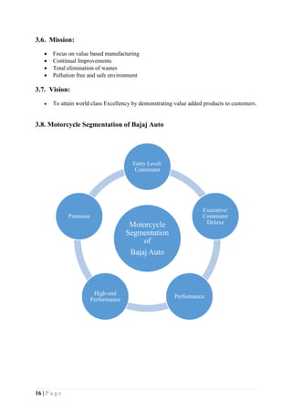 16 | P a g e
3.6. Mission:
 Focus on value based manufacturing
 Continual Improvements
 Total elimination of wastes
 Pollution free and safe environment
3.7. Vision:
 To attain world class Excellency by demonstrating value added products to customers.
3.8. Motorcycle Segmentation of Bajaj Auto
Motorcycle
Segmentation
of
Bajaj Auto
Entry Level/
Commuter
Executive/
Commuter
Deluxe
Performance
High-end
Performance
Premium
 