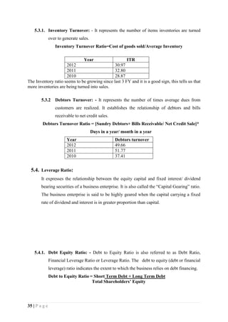 35 | P a g e
5.3.1. Inventory Turnover: - It represents the number of items inventories are turned
over to generate sales.
Inventory Turnover Ratio=Cost of goods sold/Average Inventory
Year ITR
2012 30.97
2011 32.80
2010 28.87
The Inventory ratio seems to be growing since last 3 FY and it is a good sign, this tells us that
more inventories are being turned into sales.
5.3.2 Debtors Turnover: - It represents the number of times average dues from
customers are realized. It establishes the relationship of debtors and bills
receivable to net credit sales.
Debtors Turnover Ratio = [Sundry Debtors+ Bills Receivable/ Net Credit Sale]*
Days in a year/ month in a year
Year Debtors turnover
2012 49.66
2011 51.77
2010 37.41
5.4. Leverage Ratio:
It expresses the relationship between the equity capital and fixed interest/ dividend
bearing securities of a business enterprise. It is also called the “Capital Gearing” ratio.
The business enterprise is said to be highly geared when the capital carrying a fixed
rate of dividend and interest is in greater proportion than capital.
5.4.1. Debt Equity Ratio: - Debt to Equity Ratio is also referred to as Debt Ratio,
Financial Leverage Ratio or Leverage Ratio. The debt to equity (debt or financial
leverage) ratio indicates the extent to which the business relies on debt financing.
Debt to Equity Ratio = Short Term Debt + Long Term Debt
Total Shareholders’ Equity
 