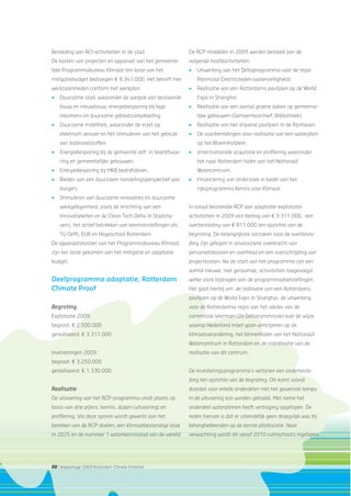 50 | Rapportage 2009 Rotterdam Climate Initiative
Besteding aan RCI-activiteiten in de stad:
De kosten van projecten en apparaat van het gemeente-
lijke Programmabureau Klimaat ten laste van het
mitigatiebudget bedroegen € 9.341.000. Het betreft hier
werkzaamheden conform het werkplan:
• Duurzame stad, waaronder de aanpak van bestaande
bouw en nieuwbouw, energiebesparing bij lage
inkomens en duurzame gebiedsontwikkeling.
• Duurzame mobiliteit, waaronder de inzet op
elektrisch vervoer en het stimuleren van het gebruik
van biobrandstoffen.
• Energiebesparing bij de gemeente zelf: in bedrijfsvoe-
ring en gemeentelijke gebouwen.
• Energiebesparing bij MKB bedrijfsleven.
• Bieden van een duurzaam handelingsperspectief aan
burgers.
• Stimuleren van duurzame innovaties en duurzame
werkgelegenheid, zoals de inrichting van een
Innovatieketen en de Clean Tech Delta in Stadsha-
vens, het actief betrekken van kennisinstellingen als
TU Delft, EUR en Hogeschool Rotterdam.
De apparaatskosten van het Programmabureau Klimaat
zijn ten laste gekomen van het mitigatie en adaptatie
budget.
Deelprogramma adaptatie, Rotterdam
Climate Proof
Begroting
Exploitatie 2009:
begroot: € 2.500.000
gerealiseerd: € 3.311.000
Investeringen 2009:
begroot: € 3.250.000
gerealiseerd: € 1.330.000
Realisatie
De uitvoering van het RCP-programma vindt plaats op
basis van drie pijlers: kennis, daden (uitvoering) en
proﬁlering. Via deze sporen wordt gewerkt aan het
bereiken van de RCP-doelen, een klimaatbestendige stad
in 2025 en de nummer 1 waterkennisstad van de wereld.
De RCP-middelen in 2009 werden besteed aan de
volgende hoofdactiviteiten:
• Uitwerking van het Deltaprogramma voor de regio
Rijnmond-Drechtsteden (waterveiligheid).
• Realisatie van een Rotterdams paviljoen op de World
Expo in Shanghai.
• Realisatie van een aantal groene daken op gemeente-
lijke gebouwen (Gemeentearchief, Bibliotheek).
• Realisatie van het drijvend paviljoen in de Rijnhaven.
• De voorbereidingen voor realisatie van een waterplein
op het Bloemhofplein.
• (Inter)nationale acquisitie en proﬁlering waaronder
het naar Rotterdam halen van het Nationaal
Watercentrum.
• Financiering van onderzoek in kader van het
rijksprogramma Kennis voor Klimaat.
In totaal besteedde RCP aan adaptatie-exploitatie
activiteiten in 2009 een bedrag van € 3.311.000, een
overbesteding van € 811.000 ten opzichte van de
begroting. De belangrijkste oorzaken voor de overbeste-
ding zijn gelegen in onvoorziene overdracht van
personeelskosten en overhead en een overschrijding van
projectkosten. Na de start van het programma zijn een
aantal nieuwe, niet geraamde, activiteiten toegevoegd
welke sterk bijdragen aan de programmadoelstellingen.
Het gaat hierbij om: de realisatie van een Rotterdams
paviljoen op de World Expo in Shanghai, de uitwerking
voor de Rotterdamse regio van het advies van de
commissie Veerman (2e Deltacommissie) over de wijze
waarop Nederland moet gaan anticiperen op de
klimaatverandering, het binnenhalen van het Nationaal
Watercentrum in Rotterdam en de coördinatie van de
realisatie van dit centrum.
De investeringsprogramma’s vertonen een onderbeste-
ding ten opzichte van de begroting. Dit komt vooral
doordat voor enkele onderdelen niet het gewenste tempo
in de uitvoering kon worden gehaald. Met name het
onderdeel waterpleinen heeft vertraging opgelopen. De
reden hiervan is dat er uiteindelijk geen draagvlak was bij
belanghebbenden op de eerste pilotlocatie. Naar
verwachting wordt dit vanaf 2010 ruimschoots ingelopen.
 
