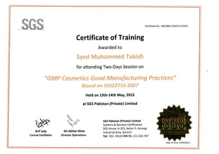 Tabish certificate 22716 gmp cosmetic