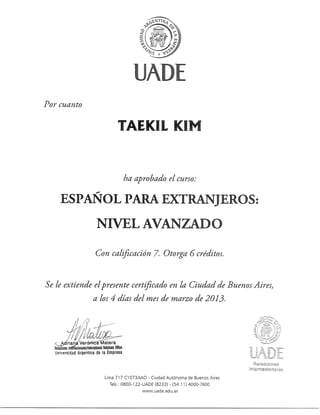 Spanish Certificate at UADE Advanced Level