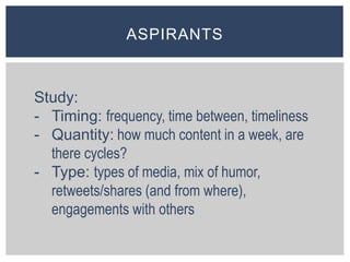 ASPIRANTS
Study:
- Timing: frequency, time between, timeliness
- Quantity: how much content in a week, are
there cycles?
-...