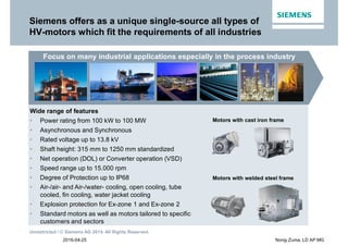 2016-04-25
Unrestricted / © Siemens AG 2014. All Rights Reserved.
Nonjy Zuma, LD AP MG
Siemens offers as a unique single-source all types of
HV-motors which fit the requirements of all industries
Motors with cast iron frame
Motors with welded steel frame
Focus on many industrial applications especially in the process industry
Wide range of features
• Power rating from 100 kW to 100 MW
• Asynchronous and Synchronous
• Rated voltage up to 13.8 kV
• Shaft height: 315 mm to 1250 mm standardized
• Net operation (DOL) or Converter operation (VSD)
• Speed range up to 15.000 rpm
• Degree of Protection up to IP68
• Air-/air- and Air-/water- cooling, open cooling, tube
cooled, fin cooling, water jacket cooling
• Explosion protection for Ex-zone 1 and Ex-zone 2
• Standard motors as well as motors tailored to specific
customers and sectors
 