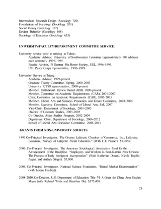 28
Intermediate Research Design (Sociology 720)
Foundations of Sociology (Sociology 201)
Social Theory (Sociology 322)
Deviant Behavior (Sociology 108)
Sociology of Education (Sociology 633)
UNIVERSITY/FACULTY/DEPARTMENT COMMITTEE SERVICE:
University service prior to arriving at Tulane:
Academic Advisor, University of Southwestern Louisiana (approximately 100 advisees
each semester), 1995-1999
Faculty Advisor, Pi Gamma Mu Honor Society, USL, 1996-1999.
USL Peace Corps representative, 1996-1999.
University Service at Tulane:
Academic Advisor, 1999-present
Graduate Theory Committee, Spring, 2000-2003
University ICPSR representative, 2000-present
Member, Institutional Review Board (IRB), 2000-present
Member, Committee on Academic Requirements (CAR), 2001-2003
Chair, Committee on Academic Requirements (CAR), 2002-2003
Member, Liberal Arts and Sciences Promotion and Tenure Committee, 2003-2005
Member, Executive Committee, School of Liberal Arts, Fall, 2007.
Vice-Chair, Department of Sociology, 2001-2003
Director of Graduate Studies, 2003-2005
Co-Director, Asian Studies Program, 2002-2009
Department Chair, Department of Sociology, 2006-2012
School of Liberal Arts Grievance Committee, 2008-2011
GRANTS FROM NON-UNIVERSITY SOURCES:
1996 Co-Principal Investigator: The Greater Lafayette Chamber of Commerce, Inc., Lafayette,
Louisiana, "Survey of Lafayette Parish Educators." (With C.E. Palmer). $13,050.
2006. Co-Principal Investigator. The American Sociological Association Fund for the
Advancement of the Discipline. “Employers and Workers in Post-Katrina New Orleans:
The Process of Early Immigrant Incorporation” (With Katherine Donato, Nicole Trujillo-
Pagan, and Audrey Singer). $7,000.
2006. Co-Principal Investigator. National Science Foundation. “Rental Market Discrimination”
(with Jeanne Haubert).
2008-2010. Co-Director. U.S. Department of Education Title VI-A Grant for China Area Studies
Major (with Richard Watts and Shanshan Du). $375,408.
 