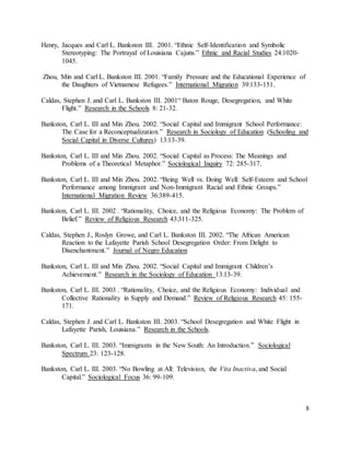 8
Henry, Jacques and Carl L. Bankston III. 2001. “Ethnic Self-Identification and Symbolic
Stereotyping: The Portrayal of Louisiana Cajuns.” Ethnic and Racial Studies 24:1020-
1045.
Zhou, Min and Carl L. Bankston III. 2001. “Family Pressure and the Educational Experience of
the Daughters of Vietnamese Refugees.” International Migration 39:133-151.
Caldas, Stephen J. and Carl L. Bankston III. 2001“ Baton Rouge, Desegregation, and White
Flight.” Research in the Schools 8: 21-32.
Bankston, Carl L. III and Min Zhou. 2002. “Social Capital and Immigrant School Performance:
The Case for a Reconceptualization.” Research in Sociology of Education (Schooling and
Social Capital in Diverse Cultures) 13:13-39.
Bankston, Carl L. III and Min Zhou. 2002. “Social Capital as Process: The Meanings and
Problems of a Theoretical Metaphor.” Sociological Inquiry 72: 285-317.
Bankston, Carl L. III and Min Zhou. 2002. “Being Well vs. Doing Well: Self-Esteem and School
Performance among Immigrant and Non-Immigrant Racial and Ethnic Groups.”
International Migration Review 36:389-415.
Bankston, Carl L. III. 2002 . “Rationality, Choice, and the Religious Economy: The Problem of
Belief.” Review of Religious Research 43:311-325.
Caldas, Stephen J., Roslyn Growe, and Carl L. Bankston III. 2002. “The African American
Reaction to the Lafayette Parish School Desegregation Order: From Delight to
Disenchantment.” Journal of Negro Education
Bankston, Carl L. III and Min Zhou. 2002. “Social Capital and Immigrant Children’s
Achievement.” Research in the Sociology of Education 13:13-39.
Bankston, Carl L. III. 2003 . “Rationality, Choice, and the Religious Economy: Individual and
Collective Rationality in Supply and Demand.” Review of Religious Research 45: 155-
171.
Caldas, Stephen J. and Carl L. Bankston III. 2003. “School Desegregation and White Flight in
Lafayette Parish, Louisiana.” Research in the Schools.
Bankston, Carl L. III. 2003. “Immigrants in the New South: An Introduction.” Sociological
Spectrum 23: 123-128.
Bankston, Carl L. III. 2003. “No Bowling at All: Television, the Vita Inactiva, and Social
Capital.” Sociological Focus 36: 99-109.
 