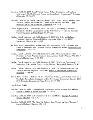 9
Bankston, Carl L. III. 2004. “Social Capital, Cultural Values, Immigration, and Academic
Achievement: The Host Country Context and Contradictory Consequences.” Sociology
of Education 77:176-179
Bankston, Carl L. III and Danielle Antoinette Hidalgo. 2006. “Respect among Southeast Asian
American Children and Adolescents: Cultural and Contextual Influences.” New
Directions in Child and Adolescent Development 114: 25-38.
Caldas, Stephen J., Carl L. Bankston III, and J. Cain. 2007. “A Case Study of Teachers’
Perceptions of School Desegregation and the Redistribution of Social and Academic
Capital.” Education & Urban Society 39: 194-222.
Hidalgo, Danielle Antoinette and Carl L. Bankston III. 2008 “War Brides and Refugees:
Vietnamese American Wives and Shifting Links to the Military, 1980-2000.”
International Migration 46: 199-217.
Vu, Lung, Mark Vanlandingham, Mai Do, and Carl L. Bankston III. 2009. “Evacuation and
Return of Vietnamese New Orleanians Affected by Hurricane Katrina. Organization and
Environment 22: 422-436.
Hidalgo, Danielle Antoinette and Carl L. Bankston III. 2010. “Blurring Racial and Ethnic
Boundaries in Asian American Families: Asian American Family Patterns, 1980-2005.”
Journal of Family Issues 3: 280-300.
Hidalgo, Danielle Antoinette and Carl L. Bankston III. 2010. “Reinforcing Polarizations” U.S.
Immigration Policy and the Prospect of Gay Marriage.”Sociological Spectrum 30: 4-29.
Hidalgo, Danielle Antoinette and Carl L. Bankston III. 2011. “The Demilitarization of Thai-
American Marriage Migration, 1980-2000.” Journal of International Migration and
Integration 12: 85-99.
Sisk, D. Blake and Carl L. Bankston III. 2014. “Hurricane Katrina, A Construction Boom and a
New Labor Force: Latino Immigrants and the New Orleans Construction Industry, 2006-
2010. Population Research and Policy Review 33: 399-334.
Non-Refereed Articles
Bankston, Carl L. III. 1986. “An Introduction to the Cham: Muslim Refugees from Vietnam.”
Passage: A Journal of Refugee Education 2(3): 60-3.
Bankston, Carl L. III. 1987. “A Conversation with Two Lao Monks.” Passage: A Journal of
Refugee Education 3(1): 46-9.
Bankston, Carl L. III. 1987. “The Black Tai: Refugees from Vietnam and Laos.” Passage: A
Journal of Refugee Education 3(3): 30-1
 