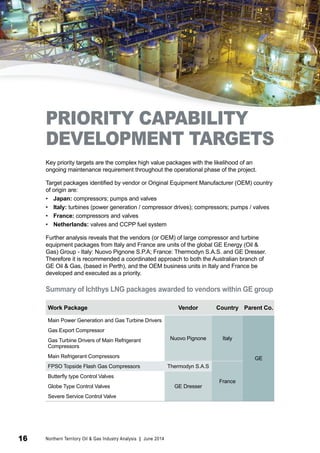 PRIORITY CAPABILITY 
DEVELOPMENT TARGETS 
Key priority targets are the complex high value packages with the likelihood of an 
ongoing maintenance requirement throughout the operational phase of the project. 
Target packages identified by vendor or Original Equipment Manufacturer (OEM) country 
of origin are: 
• Japan: compressors; pumps and valves 
• Italy: turbines (power generation / compressor drives); compressors; pumps / valves 
• France: compressors and valves 
• Netherlands: valves and CCPP fuel system 
Further analysis reveals that the vendors (or OEM) of large compressor and turbine 
equipment packages from Italy and France are units of the global GE Energy (Oil & 
Gas) Group - Italy: Nuovo Pignone S.P.A; France: Thermodyn S.A.S. and GE Dresser. 
Therefore it is recommended a coordinated approach to both the Australian branch of 
GE Oil & Gas, (based in Perth), and the OEM business units in Italy and France be 
developed and executed as a priority. 
Summary of Ichthys LNG packages awarded to vendors within GE group 
Work Package Vendor Country Parent Co. 
Main Power Generation and Gas Turbine Drivers 
Nuovo Pignone Italy 
GE 
Gas Export Compressor 
Gas Turbine Drivers of Main Refrigerant 
Compressors 
Main Refrigerant Compressors 
FPSO Topside Flash Gas Compressors Thermodyn S.A.S 
France 
Butterfly type Control Valves 
Globe Type Control Valves GE Dresser 
Severe Service Control Valve 
16 Northern Territory Oil & Gas Industry Analysis | June 2014 
 