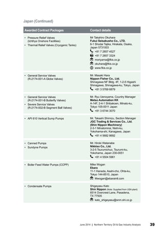 Awarded Contract Packages Contact details 
• Pressure Relief Valves 
(Ichthys Onshore Facilities) 
• Thermal Relief Valves (Cryogenic Tanks) 
Mr Takahiro Okuhara 
Fukui Seisakusho Co., LTD. 
6-1 Shodai Tajika, Hirakata, Osaka, 
Japan 5731003 
+81 7 2857 4527 
+81 7 2857 3324 
moriyama@fkis.co.jp 
okuhara@fkis.co.jp 
www.fkis.co.jp 
• General Service Valves 
(R-2174-001-A Globe Valves) 
Mr. Masaki Hara 
Nippon Fisher Co., Ltd. 
Shinagawa NF Bldg. 4F, 1-2-5 Higashi 
Shinagawa, Shinagawa-ku, Tokyo, Japan 
+81 3 5769 6879 
• General Service Valves 
(R-2174-001-B Butterfly Valves) 
• Severe Service Valves 
(R-2174-002-B Segment Ball Valves) 
Mr. Ryu Uenoyama, Country Manager 
Metso Automation KK 
A-14F, 2-4-1 Shibakoen, Minato-ku, 
Tokyo 105-0011 Japan 
+81 3 6744 3070 
• API 610 Vertical Sump Pumps Mr. Takashi Shimizu, Section Manager 
JGC Trading & Services Co., Ltd. 
(Shin Nippon Machinery) 
2-3-1 Minatomirai, Nishi-ku, 
Yokohama-shi, Kanagawa, Japan 
+81 4 5682 8692 
• Canned Pumps 
• Sundyne Pumps 
Mr. Hiroki Watanabe 
Nikkiso Co., Ltd. 
3-2-5 Tsurumichuo, Tsurumi-ku, 
Yokohama, Japan 230-0051 
+81 4 5504 5961 
• Boiler Feed Water Pumps (CCPP) Mike Wogan 
Ebara 
11-1 Haneda, Asahi-cho, Ohta-ku, 
Tokyo 144-8510, Japan 
Mwogan@ebaraintl.com 
• Condensate Pumps Shigeyasu Kato 
Shin Nippon (Note: Supplied from USA plant) 
6514 Overcrest Lane, Pasadena, 
TX 77505 
kato_shigeyasu@snm.shi.co.jp 
Japan (Continued) 
June 2014 | Northern Territory Oil & Gas Industry Analysis 39 
 