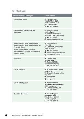 Awarded Contract Packages Contact details 
• Forged Steel Valves Mr. Francesco Cotti 
Douglas Chero S.p.A 
29013 Carpaneto (PC), 
Loc. Pradaglie, Italy 
+39 052 385 4011 
• Ball Valves For Cryogenic Service 
• Ball Valves 
Mr. Serge-Eric Abitbol 
Starline S.p.A. 
Via Baracca Francesco 30, 
24060 San Paolo D’Argon, Italy 
+33 490 552 729 
abitbol@sea-services.com 
• Triple Eccentric Design Butterfly Valves 
• Triple Eccentric Design Butterfly Valves For 
Cryogenic Service 
• Motor Operated Valves (Butterfly) 
• Manual Valves (Cryogenic Tanks) awarded 
Butterfly Valves 
Mr. Enzo Stendardo 
Orton SrL 
Via Dei Bazachi, 50 Piacenza, 
29121 PC, Italy 
+39 052 376 2511 
e.stendardo@ortonvalve.com 
www.ortonvalve.com 
• Ball Valves Ms. Jennifer Deng 
Valvitalia SpA 
Via Tortona, 6927055 
Rivanazzano (PV), Italy 
+39 038 3945 9873 
• On-Off Ball Valves Mr. A. Tacchini, Sales Director 
Perar S.P.A. 
Via Grigna 37, Rescaldina (Mi), 
Italy 20027 
info@trpsrl.it 
www.perar.it 
• On-Off Butterfly Valves Mr. Alberto Bertamoni 
Tyco Valves & Controls Italia 
29018 Lugagnano, 
Val D’Arda (Piacenza), Italy 
+39 523 890 201 
• Dual Plate Check Valves Mr. Roberto Maggioni 
Petrovalves S.R.L 
Viale G. Borri, 42 21053 
Castellanza (VA) Italy 
+39 033 133 4111 
Italy (Continued) 
42 Northern Territory Oil & Gas Industry Analysis | June 2014 
 
