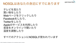 &copy;2015 DataStax Conﬁdential. Do not distribute without consent.
NOSQLはあなたの身近にすでにあります
テレビを見たり
買い物をしたり
Webページをクリックしたり
Facebookをしたり、
Twitterをしたり
Appleのサービスを利用したり
音楽をオンラインで聞いたり
温度を調整したり
すべてのアクションにNOSQLが使われています
 