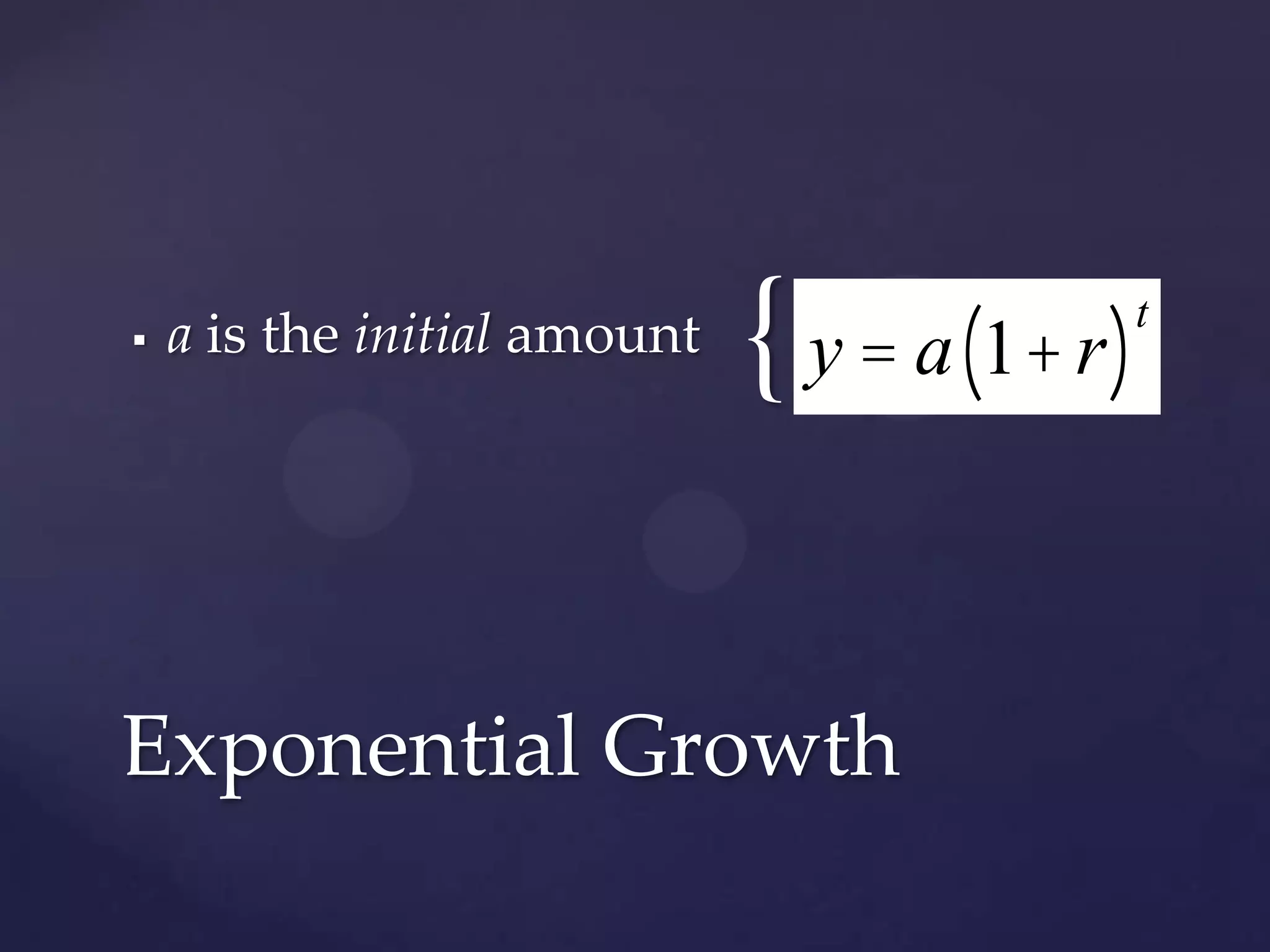 When something increases by a fixed percent each year (or time period), it can be modeled by the equation:Exponential Growth