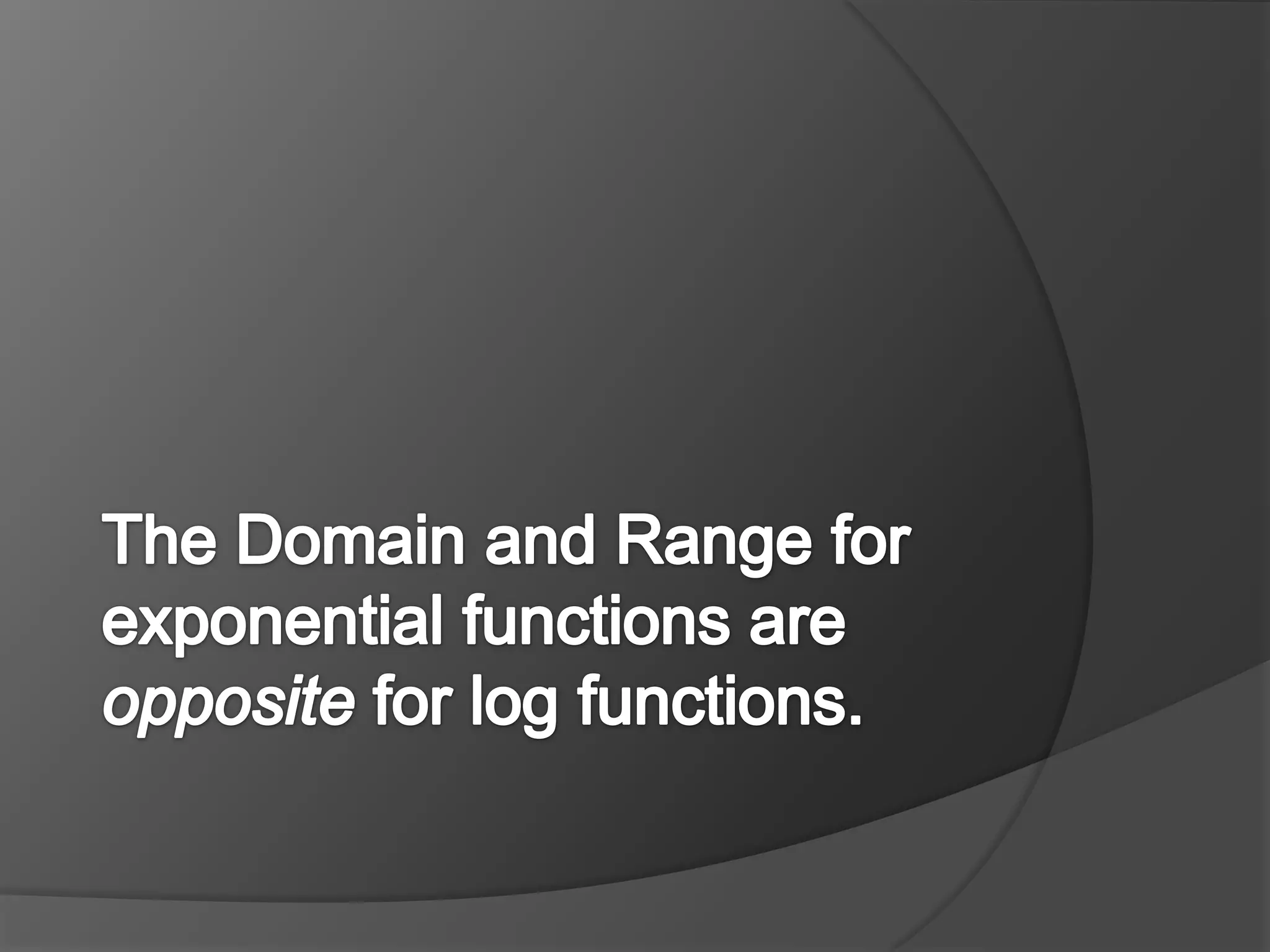 The Domain and Range for exponential functions are opposite for log functions.