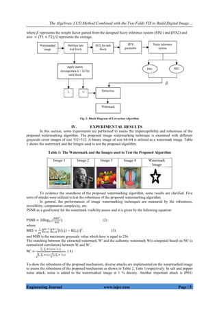 The Algebraic LUD Method Combined with the Two Folds FIS to Build Digital Image…
Engineering Journal www.iajer.com Page | 5
where 𝛽 represents the weight factor gained from the designed fuzzy inference system (FIS1) and (FIS2) and
𝑎𝑣𝑒 = (𝑇1 + 𝑇2)/2 represents the average.
Fig. 2: Block Diagram of Extraction Algorithm
IV. EXPERIMENTAL RESULTS
In this section, some experiments are performed to assess the imperceptibility and robustness of the
proposed watermarking algorithm. The proposed image watermarking technique is examined with different
grayscale cover images of size 512×512. A binary image of size 64×64 is utilized as a watermark image. Table
1 shows the watermark and the images used to test the proposed algorithm.
Table 1: The Watermark and the Images used to Test the Proposed Algorithm
To evidence the soundness of the proposed watermarking algorithm, some results are clarified. Five
sorts of attacks were utilized to test the robustness of the proposed watermarking algorithm.
In general, the performances of image watermarking techniques are measured by the robustness,
invisibility, computation complexity, etc.
PSNR as a good tester for the watermark visibility assess and it is given by the following equation:
PSNR = 10log10(
MAX 2
MSE
). (2)
where
MES =
1
pq
[I i,j − K i, j ]2q−1
j=0
p−1
i=0 . (3)
and MAX is the maximum greyscale value which here is equal to 256.
The matching between the extracted watermark Wʹ and the authentic watermark Wis computed based on NC (a
normalized correlation) between W and Wʹ.
NC =
w i,j .w′(i,j)ji
w(i,j)ji w′(i,j)ji
. ( 4)
To show the robustness of the proposed mechanism, diverse attacks are implemented on the watermarked image
to assess the robustness of the proposed mechanism as shown in Table 2, Table 3 respectively. In salt and pepper
noise attack, noise is added to the watermarked image at 1 % density. Another important attack is JPEG
Image 1 Image 2 Image 3 Image 4 Watermark
Image
 