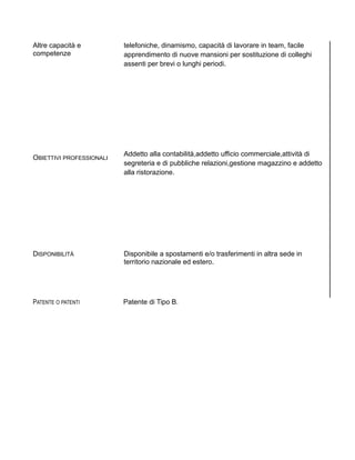 Altre capacità e
competenze
OBIETTIVI PROFESSIONALI
telefoniche, dinamismo, capacità di lavorare in team, facile
apprendimento di nuove mansioni per sostituzione di colleghi
assenti per brevi o lunghi periodi.
Addetto alla contabilità,addetto ufficio commerciale,attività di
segreteria e di pubbliche relazioni,gestione magazzino e addetto
alla ristorazione.
DISPONIBILITÀ Disponibile a spostamenti e/o trasferimenti in altra sede in
territorio nazionale ed estero.
PATENTE O PATENTI Patente di Tipo B.
 