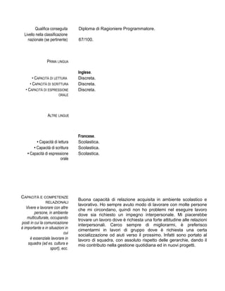 Qualifica conseguita Diploma di Ragioniere Programmatore.
Livello nella classificazione
nazionale (se pertinente) 67/100.
PRIMA LINGUA
Inglese.
• CAPACITÀ DI LETTURA Discreta.
• CAPACITÀ DI SCRITTURA Discreta.
• CAPACITÀ DI ESPRESSIONE
ORALE
Discreta.
ALTRE LINGUE
Francese.
• Capacità di lettura Scolastica.
• Capacità di scrittura Scolastica.
• Capacità di espressione
orale
Scolastica.
CAPACITÀ E COMPETENZE
RELAZIONALI
Vivere e lavorare con altre
persone, in ambiente
multiculturale, occupando
posti in cui la comunicazione
è importante e in situazioni in
cui
è essenziale lavorare in
squadra (ad es. cultura e
sport), ecc.
Buona capacità di relazione acquisita in ambiente scolastico e
lavorativo. Ho sempre avuto modo di lavorare con molte persone
che mi circondano, quindi non ho problemi nel eseguire lavoro
dove sia richiesto un impegno interpersonale. Mi piacerebbe
trovare un lavoro dove è richiesta una forte attitudine alle relazioni
interpersonali. Cerco sempre di migliorarmi, è preferisco
cimentarmi in lavori di gruppo dove è richiesta una certa
socializzazione od aiuti verso il prossimo. Infatti sono portato al
lavoro di squadra, con assoluto rispetto delle gerarchie, dando il
mio contributo nella gestione quotidiana ed in nuovi progetti.
 
