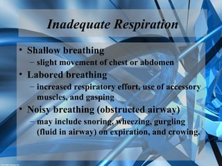 Inadequate Respiration
• Shallow breathing
– slight movement of chest or abdomen
• Labored breathing
– increased respiratory effort, use of accessory
muscles, and gasping
• Noisy breathing (obstructed airway)
– may include snoring, wheezing, gurgling
(fluid in airway) on expiration, and crowing.
 