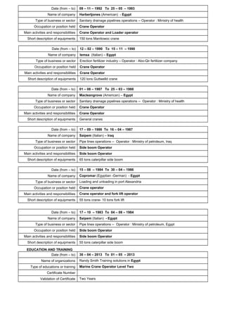 Date (from – to) 09 – 11 – 1992 To 25 – 05 – 1993
Name of company Harbertjones (American) - Egypt
Type of business or sector Sanitary drainage pipelines operations -- Operator : Ministry of health
Occupation or position held Crane Operator
Main activities and responsibilities Crane Operator and Loader operator
Short description of equipments 150 tons Manitowoc crane
Date (from – to) 12 – 02 – 1990 To 15 – 11 – 1990
Name of company Iemsa (Italian) – Egypt
Type of business or sector Erection fertilizer industry – Operator : Abo-Qir fertilizer company
Occupation or position held Crane Operator
Main activities and responsibilities Crane Operator
Short description of equipments 120 tons Guttwelld crane
Date (from – to) 01 – 08 – 1987 To 25 – 03 – 1988
Name of company Macleangrove (American) – Egypt
Type of business or sector Sanitary drainage pipelines operations -- Operator : Ministry of health
Occupation or position held Crane Operator
Main activities and responsibilities Crane Operator
Short description of equipments General cranes
Date (from – to) 17 – 09 – 1986 To 16 – 04 – 1987
Name of company Saipem (Italian) – Iraq
Type of business or sector Pipe lines operations -- Operator : Ministry of petroleum, Iraq
Occupation or position held Side boom Operator
Main activities and responsibilities Side boom Operator
Short description of equipments 65 tons caterpillar side boom
Date (from – to) 15 – 08 – 1984 To 30 – 04 – 1986
Name of company Copromar (Egyptian -German) - Egypt
Type of business or sector Loading and unloading in port Alexandria
Occupation or position held Crane operator
Main activities and responsibilities Crane operator and fork lift operator
Short description of equipments 55 tons crane- 10 tons fork lift
Date (from – to) 17 – 10 – 1983 To 04 – 08 – 1984
Name of company Saipem (Italian) - Egypt
Type of business or sector Pipe lines operations -- Operator : Ministry of petroleum, Egypt
Occupation or position held Side boom Operator
Main activities and responsibilities Side boom Operator
Short description of equipments 55 tons caterpillar side boom
EDUCATION AND TRAINING
Date (from – to) 30 – 04 – 2013 To 01 – 05 – 2013
Name of organizations Randy Smith Training solutions in Egypt
Type of educations or training Marine Crane Operator Level Two
Certificate Number
Validation of Certificate Two Years
 