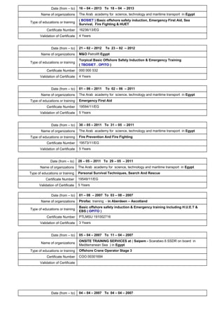 Date (from – to) 16 – 04 – 2013 To 18 – 04 – 2013
Name of organizations The Arab academy for science, technology and maritime transport in Egypt
Type of educations or training
( BOSIET ) Basic offshore safety induction, Emergency First Aid, Sea
Survival, Fire Fighting & HUET
Certificate Number 16236/13/EG
Validation of Certificate 4 Years
Date (from – to) 21 – 02 – 2012 To 23 – 02 – 2012
Name of organizations M&O Petrolift Egypt
Type of educations or training
Torpical Basic Offshore Safety Induction & Emergency Training
( TBOSIET . OPITO )
Certificate Number 000 000 532
Validation of Certificate 4 Years
Date (from – to) 01 – 06 – 2011 To 02 – 06 – 2011
Name of organizations The Arab academy for science, technology and maritime transport in Egypt
Type of educations or training Emergency First Aid
Certificate Number 19594/11/EG
Validation of Certificate 5 Years
Date (from – to) 30 – 05 – 2011 To 31 – 05 – 2011
Name of organizations The Arab academy for science, technology and maritime transport in Egypt
Type of educations or training Fire Prevention And Fire Fighting
Certificate Number 19573/11/EG
Validation of Certificate 5 Years
Date (from – to) 28 – 05 – 2011 To 29 – 05 – 2011
Name of organizations The Arab academy for science, technology and maritime transport in Egypt
Type of educations or training Personal Survival Techniques, Search And Rescue
Certificate Number 19549/11/EG
Validation of Certificate 5 Years
Date (from – to) 01 – 08 – 2007 To 03 – 08 – 2007
Name of organizations Ptrofac training - in Aberdeen – Ascotland
Type of educations or training
Basic offshore safety induction & Emergency training Including H.U.E.T &
EBS ( OPITO )
Certificate Number PTLMSU 191002716
Validation of Certificate 3 Years
Date (from – to) 05 – 04 – 2007 To 11 – 04 – 2007
Name of organizations
ONSITE TRAINING SERVICES at ( Saipem - Scarabeo 6 SSDR on board in
Mediterranean Sea ) in Egypt
Type of educations or training Offshore Crane Operator Stage 3
Certificate Number COO 00301694
Validation of Certificate
Date (from – to) 04 – 04 – 2007 To 04 – 04 – 2007
 