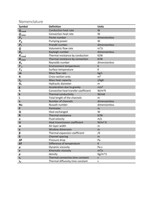 Nomenclature
Symbol Definition Units
𝑸̇ 𝒄𝒐𝒏𝒅 Conduction heat rate W
𝑸̇ 𝒄𝒐𝒏𝒗 Convection heat rate W
𝑷 𝒆 Peclet number dimensionless
𝑷 𝒑 Pumping power W
𝑷 𝒓 Prandtl number dimensionless
𝑸̇ Volumetric flow rate m3
/s
𝑹 𝒂 Rayleigh number dimensionless
𝑹 𝒄𝒐𝒏𝒅 Thermal resistance by conduction K/W
𝑹 𝒄𝒐𝒏𝒗 Thermal resistance by convection K/W
𝑹 𝒆 Reynolds number dimensionless
𝑻∞ Environment temperature K
𝑻 𝑺 Surface temperature K
𝒎̇ Mass flow rate kg/s
A Cross-section area m²
Cp Mass heat capacity J/kgK
Dh Hydraulic diameter m
g Acceleration due to gravity m/s²
h Convective heat transfer coefficient W/m²K
k Thermal conductivity W/mK
L Total length of the channels m
n Number of channels dimensionless
Nu Nusselt number dimensionless
P Perimeter m
Q Heat exchanged W
R Thermal resistance K/W
u Fluid velocity m/s
U Heat transmission coefficient W/m².K
w Air layer width m
x Window dimension m
β Thermal expansion coefficient /K
δ Channel spacing m
ΔP Pressure drop Pa
ΔT Difference of temperature K
μ Dynamic viscosity Pa-s
ν Kinematic viscosity m²/s
ρ density Kg/m^3
τc Thermal convective time constant s
τd Thermal diffusivity time constant s
 