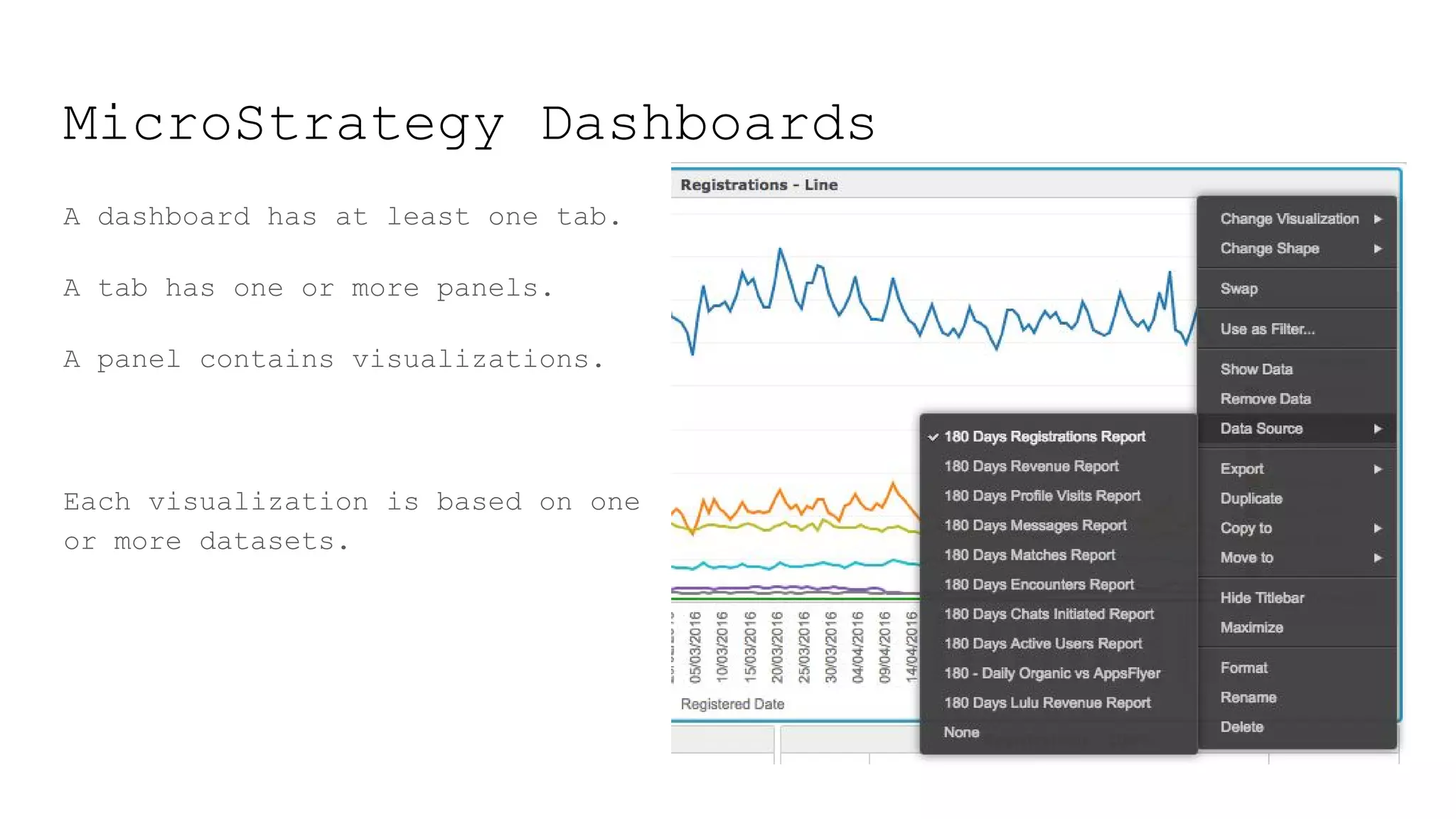 MicroStrategy Dashboards
A dashboard has at least one tab.
A tab has one or more panels.
A panel contains visualizations.
Each visualization is based on one
or more datasets.
 