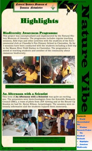 Natural History Museum of
Jamaica Newsletter
NatureVibe
March 2012 Issue XVII Pg. 7
Giant Swallowtail Butterfly
Highlights
Biodiversity Awareness Programme
This project was conceptualized and implemented by the Natural His-
tory Museum of Jamaica. The programme includes regular teaching
sessions, field trips and other activities with the students of the Envi-
ronmental club at Chandler’s Pen Primary School in Clarendon. So far
3 sessions have been conducted with the students including a field trip
to the Mason River Field Station in Clarendon. The programme is
aimed at teaching students and member of the community about
Jamaican biodiversity.
An Afternoon with a Scientist
This term of An Afternoon with a Scientist was quite an exciting
one. The presenters were biotechnologists from the Scientific Research
Council (SRC), a team of pilots from JDF Airwing and at the Round Up
Session we had Dr. Byron Wilson, herpetologist. The sessions were ex-
tremely informative and the students enjoyed them immensely.
Students at Chandler’s Pen Primary engaged in learning at a session: “Biodiversity in the Schoolyard”
Top left: Biotechnologist shows students how to prepare plant cultures
Top left: Pilot from JDF Airwing demonstrates aerodynamics to the students.
Featured:
 World
Meteorological
Day
 Windsor
Research Project
 The
World of
Wetlands
 Highlights
 Jamaican
Biodiversity
 