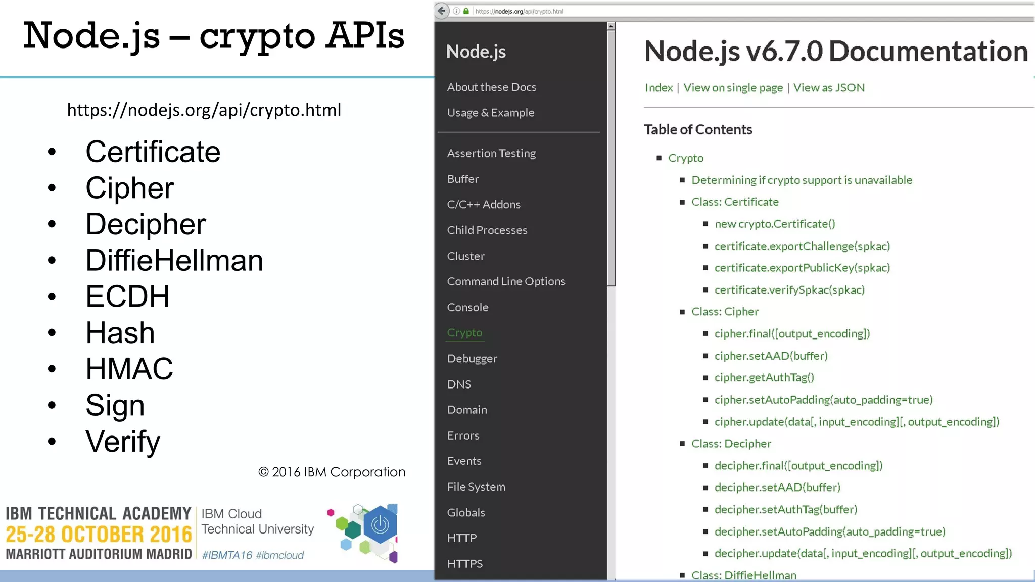 © 2016 IBM Corporation
9
Node.js – crypto APIs
https://nodejs.org/api/crypto.html
• Certificate
• Cipher
• Decipher
• DiffieHellman
• ECDH
• Hash
• HMAC
• Sign
• Verify
 