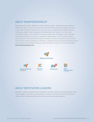 ABOUT MANPOWERGROUP
ManpowerGroup®
(NYSE: MAN) is the world’s workforce expert, creating innovative workforce
solutions for nearly 70 years. We connect more than 600,000 people to meaningful work across
a wide range of skills and industries every day. Through our ManpowerGroup family of brands
– Manpower, Experis, Right Management and ManpowerGroup Solutions – we help more
than 400,000 clients in 80 countries and territories address their critical talent needs, providing
comprehensive solutions to resource, manage and develop talent. In 2016, ManpowerGroup
was named one of the World’s Most Ethical Companies for the sixth consecutive year and one of
Fortune’s Most Admired Companies, confirming our position as the most trusted and admired brand
in the industry. See how ManpowerGroup makes powering the world of work humanly possible:
www.manpowergroup.com.
ABOUT REPUTATION LEADERS
Reputation Leaders is a global thought leadership consultancy delivering compelling research that
causes people to think about brands differently. We help companies with brand positioning and
create credible thought leadership using primary and secondary global research.
Facts, Figures and Practical Advice from Workforce Experts | 19©2016, ManpowerGroup. All rights reserved.
 
