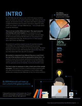 Facts, Figures and Practical Advice from Workforce Experts | 3
35%
Gen X
35%
Millennial
24%
Gen Z
6%
Boomer
By 2020 Millennials will make up
over a third of the global workforce.
By 2020 Millennials will make up over a third of the global workforce.
That’s one reason so many reports about them exist. Some say they are
disloyal, self-absorbed and lazy, while others claim they’re a generation
of digital entrepreneurs and innovators. Some aim to dispel the myths
others have created. Just type “Millennials are…” into a Google search
to see the stereotypes.
This is not just another Millennial report. This report presents
new findings with fresh insights from the perspective of both
employers and employees. As world of work experts, we have nearly
30,000 employees advising 400,000 clients on hiring decisions and
talent development every year. We find work for 3.4 million people—
about half of whom are Millennials.
We carried out quantitative research across 25 countries surveying
19,000 Millennials, including 8,000 ManpowerGroup associate
employees and more than 1,500 of our own hiring managers. We asked
what they look for in a job, what development opportunities they seek
and what would make them stay with an employer.
We wanted to understand how different they are or aren’t from
the rest of the workforce and from generations before them. We
wanted to ensure that the sample represented all working Millennials;
not just the top percent of tech-savvy earners, but also the graduates
and non-graduates across all industries, income and education levels.
The time is ripe for employers to take a fresh look at their people
strategies. This report is the first in a series providing a practical guide
with clear recommendations for employers on how to attract, retain,
develop and motivate the best Millennials for the 21st century workforce.
GLOBAL
WORKFORCE
by generation in 20201
INTRO
1
ManpowerGroup’s analysis of UN population data. The term
Millennial is interchangeable with Generation Y and refers to
those born between 1982 and 1996, ages 20-34.
 