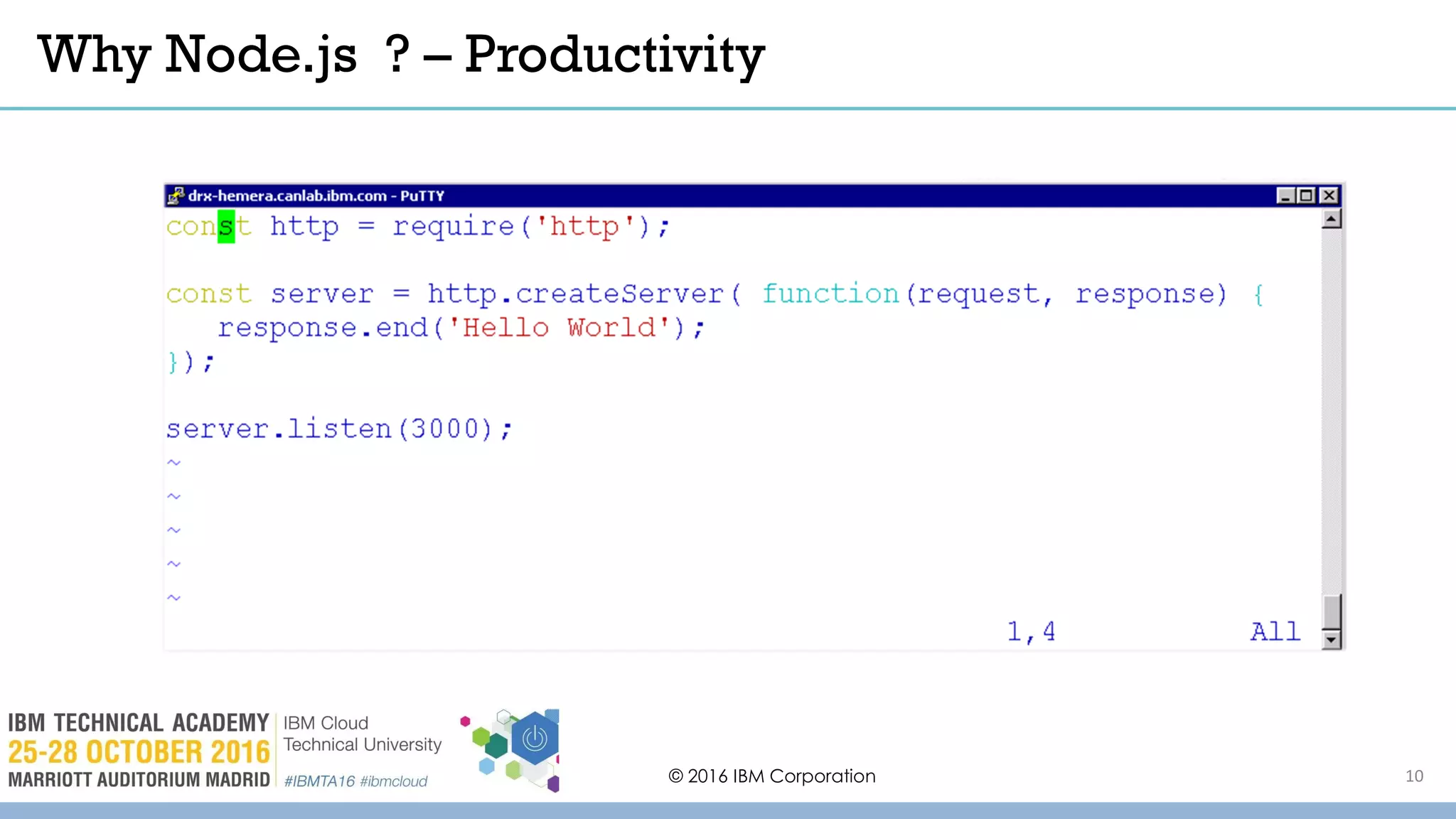 Why Node.js ? – Productivity
© 2016 IBM Corporation 10
 