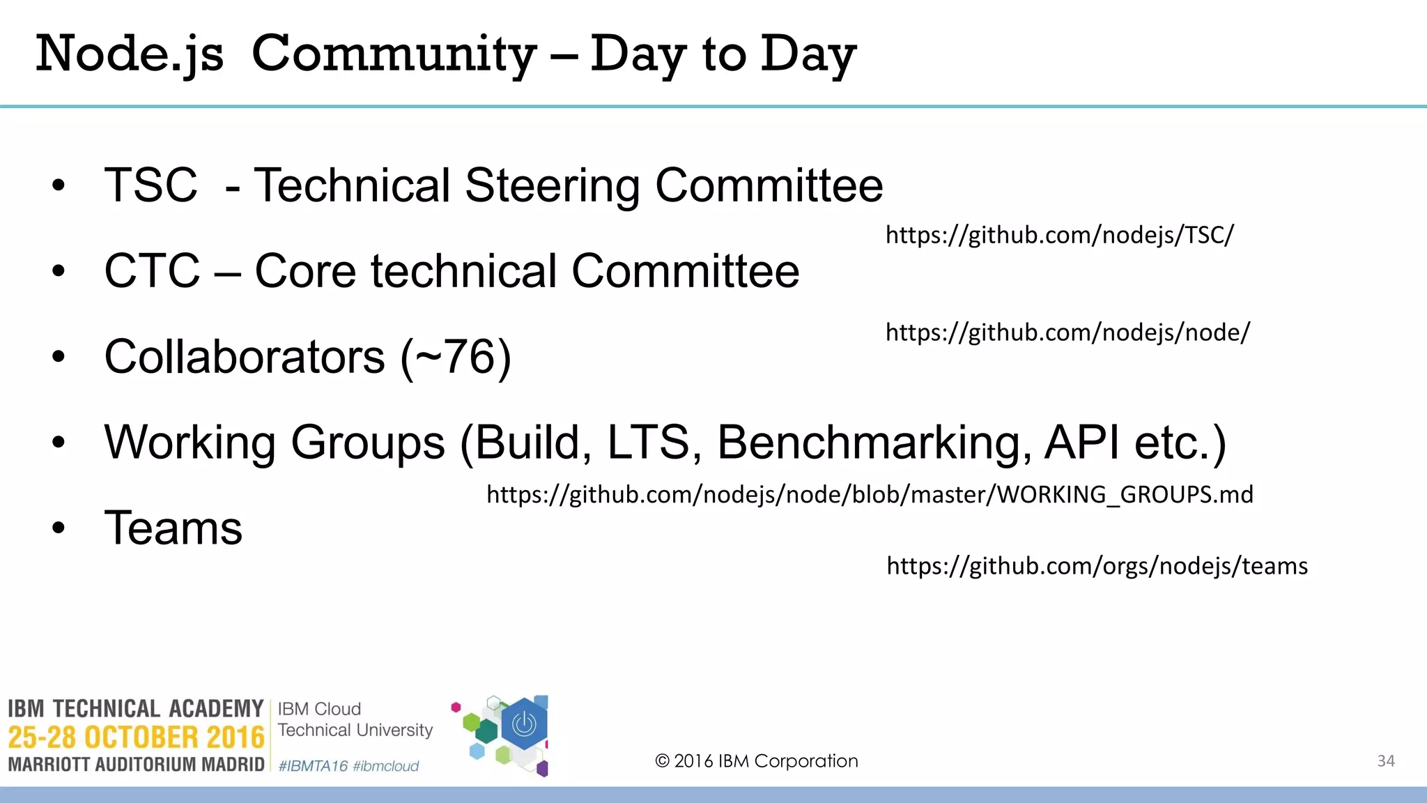 © 2016 IBM Corporation 34
• TSC - Technical Steering Committee
• CTC – Core technical Committee
• Collaborators (~76)
• Working Groups (Build, LTS, Benchmarking, API etc.)
• Teams
Node.js Community – Day to Day
https://github.com/nodejs/TSC/
https://github.com/nodejs/node/
https://github.com/nodejs/node/blob/master/WORKING_GROUPS.md
https://github.com/orgs/nodejs/teams
 