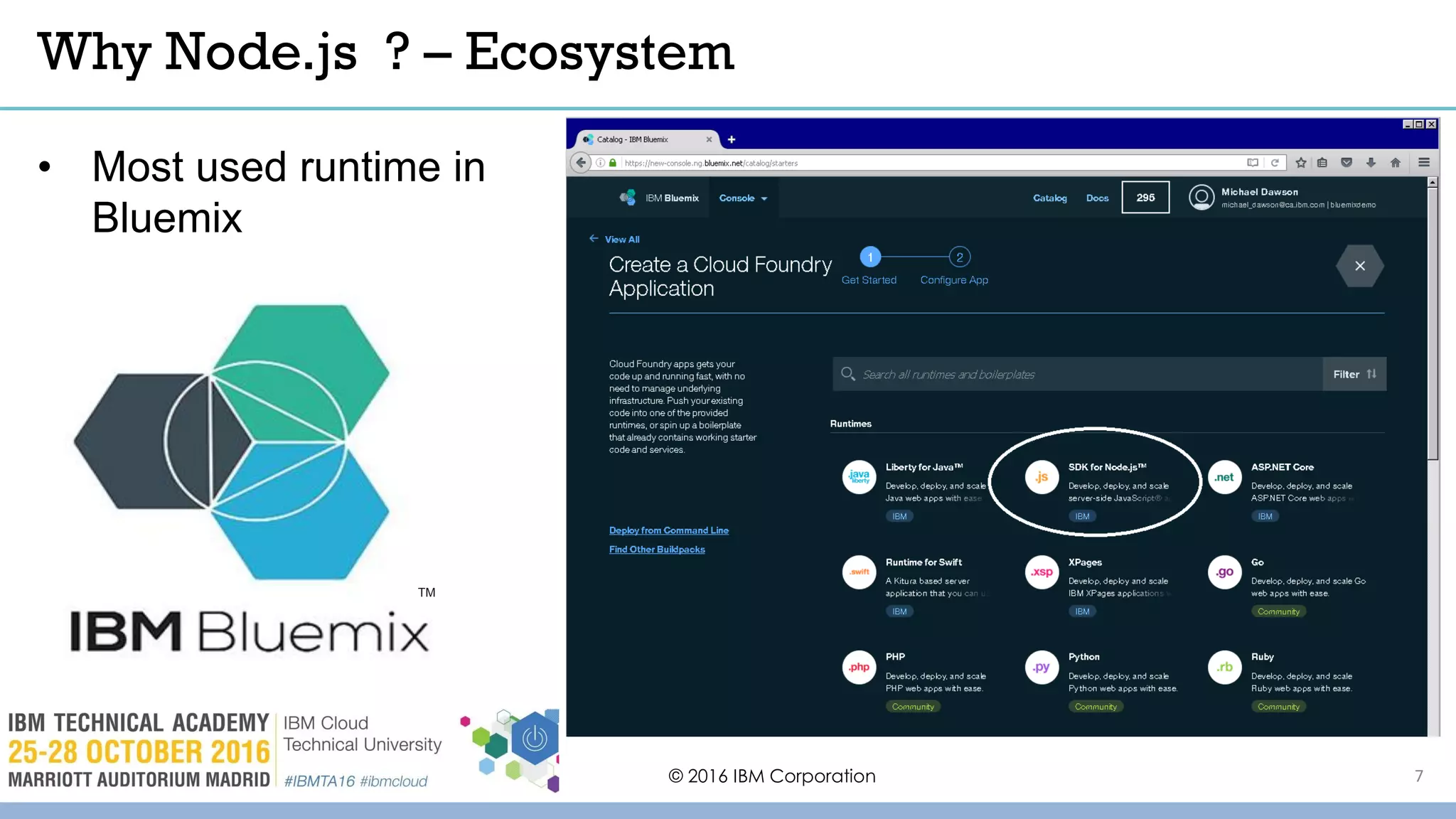 © 2016 IBM Corporation
• Most used runtime in
Bluemix
TM
Why Node.js ? – Ecosystem
7
 