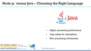 © 2016 IBM Corporation 28
Node.js versus Java – Choosing the Right Language
• Higher processing performance
• Type safety for calculations
• Rich processing frameworks
 
