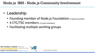 © 2016 IBM Corporation 37
• Leadership
• Founding member of Node.js Foundation (1 board member)
• 4 CTC/TSC members (+2 past members)
• Facilitating multiple working groups
Node.js IBM - Node.js Community Involvement
 
