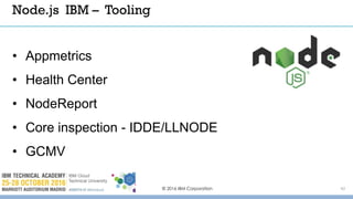 © 2016 IBM Corporation 42
• Appmetrics
• Health Center
• NodeReport
• Core inspection - IDDE/LLNODE
• GCMV
Node.js IBM – Tooling
 