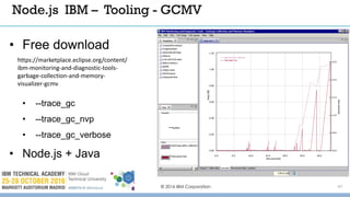 • Free download
• --trace_gc
• --trace_gc_nvp
• --trace_gc_verbose
• Node.js + Java
© 2016 IBM Corporation 47
Node.js IBM – Tooling - GCMV
https://marketplace.eclipse.org/content/
ibm-monitoring-and-diagnostic-tools-
garbage-collection-and-memory-
visualizer-gcmv
 