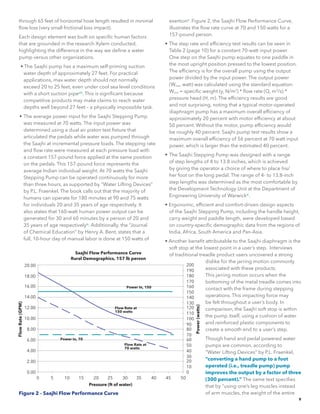 9
through 65 feet of horizontal hose length resulted in minimal
flow loss (very small frictional loss impact).
Each design element was built on specific human factors
that are grounded in the research Xylem conducted,
highlighting the difference in the way we define a water
pump versus other organizations.
• The Saajhi pump has a maximum self-priming suction
water depth of approximately 27 feet. For practical
applications, max water depth should not normally
exceed 20 to 25 feet, even under cool sea level conditions
with a short suction pipeviii
. This is significant because
competitive products may make claims to reach water
depths well beyond 27 feet – a physically impossible task.
•	The average power input for the Saajhi Stepping Pump
was measured at 70 watts. The input power was
determined using a dual air piston test fixture that
articulated the pedals while water was pumped through
the Saajhi at incremental pressure loads. The stepping rate
and flow rate were measured at each pressure load with
a constant 157-pound force applied at the same position
on the pedals. This 157-pound force represents the
average Indian individual weight. At 70 watts the Saajhi
Stepping Pump can be operated continuously for more
than three hours, as supported by “Water Lifting Devices”
by P.L. Fraenkel. The book calls out that the majority of
humans can operate for 180 minutes at 90 and 75 watts
for individuals 20 and 35 years of age respectively. It
also states that 160-watt human power output can be
generated for 30 and 60 minutes by a person of 20 and
35 years of age respectivelyix
. Additionally, the “Journal
of Chemical Education” by Henry A. Bent, states that a
full, 10-hour day of manual labor is done at 150 watts of
16.00
14.00
12.00
10.00
8.00
6.00
4.00
2.00
0.00
0 10 20 30 40 50
0
20
40
60
80
100
120
140
160Power In, 150
Flow Rate at
150 watts
Pressure (ft of water)
FlowRate(GPM)
Power(watts)
Saajhi Flow Performance Curve
Rural Demographics, 157 lb person
20.00
18.00
10
30
50
70
90
110
130
150
180
200
170
190
5 15 25 35 45
Power In, 70
Flow Rate at
70 watts
Figure 2 – Saajhi Flow Performance Curve
exertionx
. Figure 2, the Saajhi Flow Performance Curve,
illustrates the flow rate curve at 70 and 150 watts for a
157-pound person.
•	The step rate and efficiency test results can be seen in
Table 2 (page 10) for a constant 70-watt input power.
One step on the Saajhi pump equates to one paddle in
the most upright position pressed to the lowest position.
The efficiency is for the overall pump using the output
power divided by the input power. The output power
(Wout, watt) was calculated using the standard equation:
Wout = specific weight (y, N/m3
) * flow rate (Q, m3
/s) *
pressure head (H, m). The efficiency results are good
and not surprising, noting that a typical motor-operated
diaphragm pump has a maximum overall efficiency of
approximately 20 percent with motor efficiency at about
50 percent. Without the motor, pump efficiency would
be roughly 40 percent. Saajhi pump test results show a
maximum overall efficiency of 56 percent at 70 watt input
power, which is larger than the estimated 40 percent.
•	The Saajhi Stepping Pump was designed with a range
of step lengths of 4 to 13.8 inches, which is achieved
by giving the operator a choice of where to place his/
her foot on the long pedal. The range of 4- to 13.8-inch
step lengths was determined as the most comfortable by
the Development Technology Unit at the Department of
Engineering University of Warwickxi
.
• Ergonomic, efficient and comfort-driven design aspects
of the Saajhi Stepping Pump, including the handle height,
carry weight and paddle length, were developed based
on country-specific demographic data from the regions of
India, Africa, South America and Pan-Asia.
• Another benefit attributable to the Saajhi diaphragm is the
soft stop at the lowest point in a user’s step. Interviews
of traditional treadle product users uncovered a strong
dislike for the jarring motion commonly
associated with these products.
This jarring motion occurs when the
bottoming of the metal treadle comes into
contact with the frame during stepping
operations. This impacting force may
be felt throughout a user’s body. In
comparison, the Saajhi soft stop is within
the pump itself, using a cushion of water
and reinforced plastic components to
create a smooth end to a user’s step.
Though hand and pedal powered water
pumps are common, according to
“Water Lifting Devices” by P.L. Fraenkel,
“converting a hand pump to a foot
operated (i.e., treadle pump) pump
improves the output by a factor of three
(300 percent).” The same text specifies
that by “using one’s leg muscles instead
of arm muscles, the weight of the entire
 