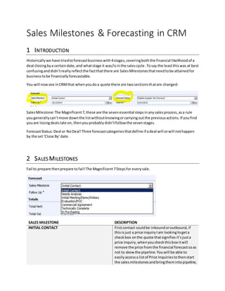 Sales Milestones & Forecasting in CRM
1 INTRODUCTION
Historicallywe have triedtoforecastbusinesswith4stages,coveringboththe financial likelihoodof a
deal closingbya certaindate,and whatstage it was/isinthe salescycle.Tosay the leastthiswas at best
confusinganddidn’treallyreflectthe factthatthere are SalesMilestonesthatneedtobe attainedfor
businesstobe financiallyforecastable.
You will nowsee inCRMthat whenyoudoa quote there are twosectionsthatare changed:
SalesMilestone:The Magnificent7,these are the sevenessential stepsinanysalesprocess,asa rule
yougenerallycan’tmove downthe listwithoutknowingorcarryingoutthe previousactions.If youfind
youare losingdealslate on, thenyouprobablydidn’tfollow the sevenstages.
ForecastStatus:Deal or NoDeal!Three forecastcategoriesthatdefine if adeal will orwill nothappen
by the set‘Close By’date.
2 SALES MILESTONES
Fail to prepare thenprepare tofail!The Magnificent 7Stepsfor everysale.
SALES MILESTONE DESCRIPTION
INITIAL CONTACT Firstcontact couldbe inboundoroutbound,if
thisisjust a price inquiryIam lookingtogeta
checkbox onthe quote thatsignifies it’sjusta
price inquiry,whenyoucheckthisbox itwill
remove the price fromthe financial forecastsoas
not to skew the pipeline.Youwill be able to
easilyaccessa listof Price Inquiriestothenstart
the salesmilestonesandbringthemintopipeline,
 