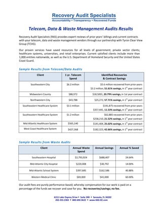 Telecom, Data & Waste Management Audits Results
Recovery Audit Specialists (RAS) provides expert reviews of prior years’ billings and current contracts
with your telecom, data and waste management vendors through our partnership with Tyron Clear View
Group (TCVG).
Our proven services have saved resources for all levels of government; private sector clients;
healthcare systems, universities, and retail enterprises. Current satisfied clients include more than
1,000 entities nationwide, as well as the U.S. Department of Homeland Security and the United States
Coast Guard.
Sample Results from Telecom/Data Audits
Client 1 yr. Telecom
Spend
Identified Recoveries
& Contract Savings
Southeastern City $6.2 million $5.6 million recovered from prior years
$3.2 million, 51.61% savings, in 1
st
year contract
Midwestern County $88,972 $18,5001, 20.79% savings, in 1st year contract
Northwestern City $43,788 $25,272, 57.71% savings, in 1
st
year contract
Southeastern Healthcare System $3.1 million $141,875 recovered from prior years
$357,441, 11.53% savings, in 1
st
year contract
Southeastern Healthcare System $1.2 million $62,885 recovered from prior years
$258,210, 21.52% savings, in 1
st
year contract
Mid-Atlantic Healthcare System $565,140 $141,404, 25.02% savings, in 1
st
year contract
West Coast Healthcare System $427,368 $182,323, 42.66% savings, in 1
st
year contract
Sample Results from Waste Audits
Client Annual Waste
Spend
Annual Savings Annual % Saved
Southeastern Hospital $2,793,924 $688,407 24.64%
Mid-Atlantic City Hospital $220,008 $30,792 14.00%
Mid-Atlantic School System $397,685 $162,586 40.88%
Western Medical Clinic $69,000 $41,000 60.00%
Our audit fees are purely performance-based; whereby compensation for our work is paid on a
percentage of the funds we recover and save for you. No recoveries/savings; no fee.
6151 Lake Osprey Drive  Suite 300  Sarasota, FL 34202
202-255-2302  800-690-3622  www.RAS-DC.com
 