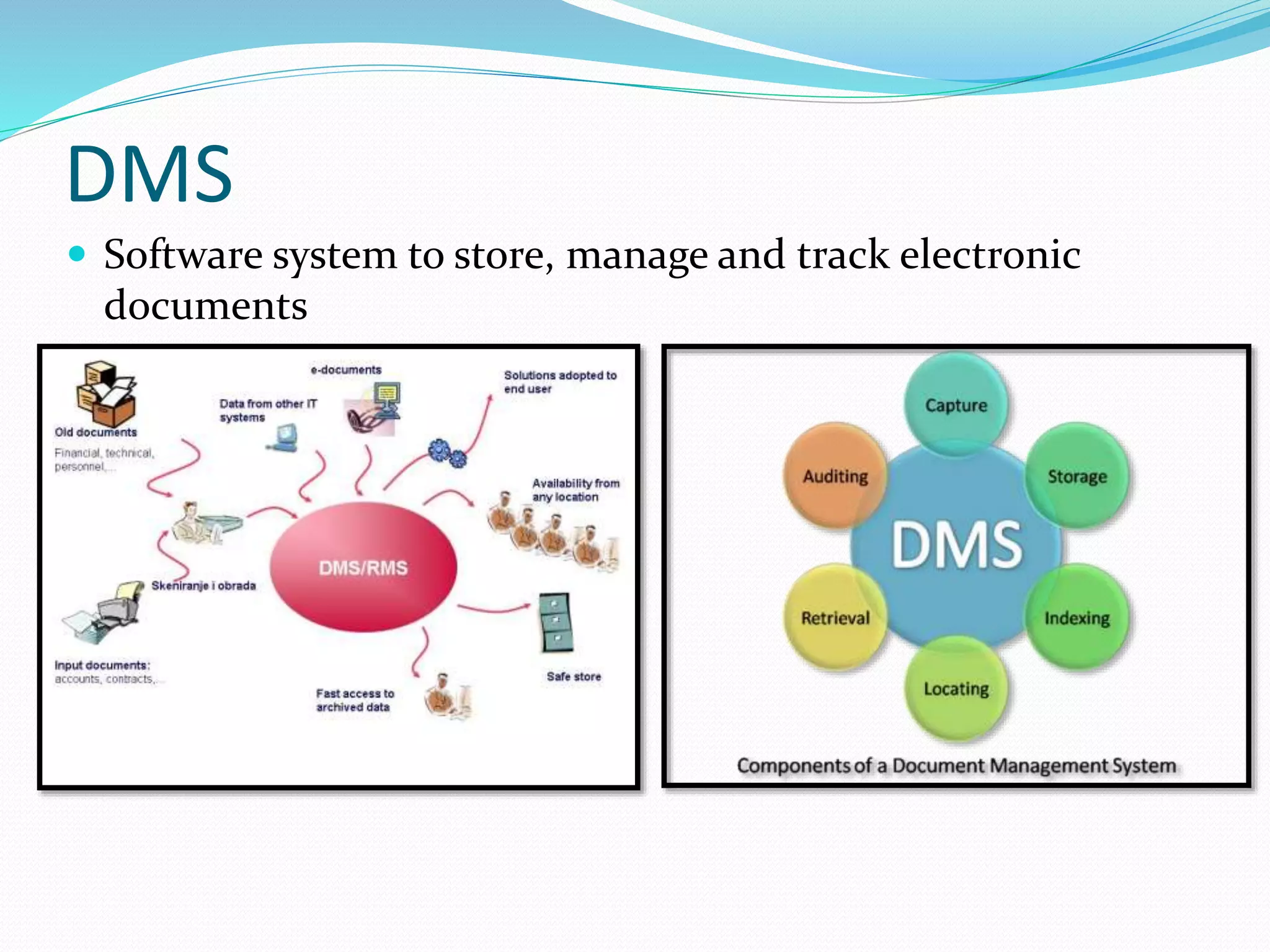 DMS
 Software system to store, manage and track electronic
documents
 