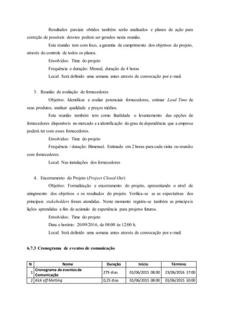 Resultados parciais obtidos também serão analisados e planos de ação para
correção de possíveis desvios podem ser gerados nesta reunião.
Esta reunião tem com foco, a garantia de cumprimento dos objetivos do projeto,
através do controle de todos os planos.
Envolvidos: Time do projeto
Frequência e duração: Mensal, duração de 4 horas
Local: Será definido uma semana antes através de convocação por e-mail.
3. Reunião de avaliação de fornecedores
Objetivo: Identificar e avaliar potenciais fornecedores, estimar Lead Time de
seus produtos, analisar qualidade e preços médios.
Esta reunião também tem como finalidade o levantamento das opções de
fornecedores disponíveis no mercado e a identificação do grau de dependência que a empresa
poderá ter com esses fornecedores.
Envolvidos: Time do projeto
Frequência / duração: Bimensal. Estimado em 2 horas para cada visita ou reunião
com fornecedores.
Local: Nas instalações dos fornecedores
4. Encerramento do Projeto (Project Closed Out)
Objetivo: Formalização e encerramento do projeto, apresentando o nível de
atingimento dos objetivos e os resultados do projeto. Verifica-se se as expectativas dos
principais stakeholders foram atendidas. Neste momento registra-se também as principais
lições aprendidas a fim de acúmulo de experiência para projetos futuros.
Envolvidos: Time do projeto
Data e horário: 20/09/2016, de 08:00 às 12:00 h.
Local: Será definido uma semana antes através de convocação por e-mail.
6.7.3 Cronograma de eventos de comunicação
N Nome Duração Início Término
1
Cronograma de eventosde
Comunicação
279 dias 01/06/2015 08:00 23/06/2016 17:00
2 Kick off Metting 0,25 dias 01/06/2015 08:00 01/06/2015 10:00
 
