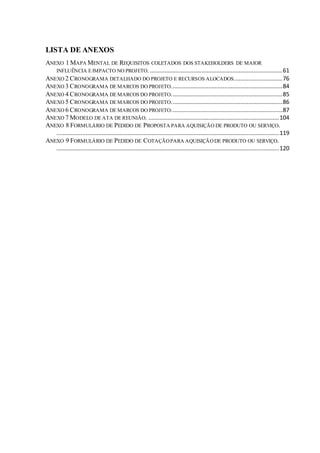 LISTA DE ANEXOS
ANEXO 1 MAPA MENTAL DE REQUISITOS COLETADOS DOS STAKEHOLDERS DE MAIOR
INFLUÊNCIA E IMPACTO NO PROJETO. ..................................................................................61
ANEXO 2 CRONOGRAMA DETALHADO DO PROJETO E RECURSOS ALOCADOS..............................76
ANEXO 3 CRONOGRAMA DE MARCOS DO PROJETO.....................................................................84
ANEXO 4 CRONOGRAMA DE MARCOS DO PROJETO.....................................................................85
ANEXO 5 CRONOGRAMA DE MARCOS DO PROJETO.....................................................................86
ANEXO 6 CRONOGRAMA DE MARCOS DO PROJETO.....................................................................87
ANEXO 7 MODELO DE ATA DE REUNIÃO. .................................................................................104
ANEXO 8 FORMULÁRIO DE PEDIDO DE PROPOSTA PARA AQUISIÇÃO DE PRODUTO OU SERVIÇO.
..........................................................................................................................................119
ANEXO 9 FORMULÁRIO DE PEDIDO DE COTAÇÃOPARA AQUISIÇÃODE PRODUTO OU SERVIÇO.
..........................................................................................................................................120
 