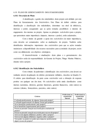 6.10 PLANO DE GERENCIAMENTO DOS STAKEHOLDERS
6.10.1 Descrição do Plano
A identificação e gestão dos stakeholders deste projeto será definida por este
Plano de Gerenciamento dos Stakeholders. Este Plano irá definir critérios para
identificação e classificação dos stakeholders, determinar seu nível de influência,
interesse e poder, assegurando que as ações tomadas possibilitem o máximo de
engajamento dos mesmos no projeto. Apenas os principais stakeholders para o projeto,
que apresentem maior importância (impacto, interesse e poder), serão cadastrados.
Com o intuito de garantir o apoio dos stakeholders de maior importância,
estes deverão ser comunicados sobre as atualizações do projeto. Também serão
identificadas informações importantes dos stakeholders para que as ações tomadas
maximizem a disponibilidade dos recursos necessários para a conclusão do projeto, assim
como seu alinhamento aos objetivos estratégicos.
O desenvolvimento e atualizações deste plano e o gerenciamento dos
stakeholders serão de responsabilidade do Gerente do Projeto, Thiago Martins Pinheiro,
durante todo o projeto.
6.10.2 Identificação dos Stakeholders
Com o intuito de padronizar a identificação dos stakeholders, esta deverá ser
realizada através da aplicação de critérios previamente definidos, descritos no Quadro 21.
O critério para identificação da parte como stakeholder será a obtenção de resposta
positiva em qualquer um dos itens. Os stakeholders serão ainda classificados como
internos (acionistas, diretores, gerentes funcionais, gerentes financeiros, entre outros) ou
externos (clientes, fornecedores, parceiros, entre outros).
Critério
Profissional ou
organização
interno
Profissional ou
organização
externo
É afetado positivamente de alguma forma pelo projeto?
É afetado negativamente de alguma forma pelo projeto?
Irá se beneficiar positivamente pelo projeto?
Irá se beneficiar negativamente pelo projeto?
Possui ou possuirá atuação necessária para conclusão do
projeto?
Possui ou possuirá atuação necessária para sucesso do projeto?
Tem ou terá alguma influência positiva sobre o projeto?
Tem ou terá alguma influência negativa sobre o projeto?
Tem poder ou poderá ter poder para impactar positivamente
algum recurso do projeto?
 