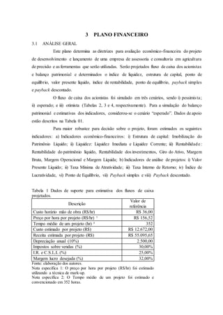 3 PLANO FINANCEIRO
3.1 ANÁLISE GERAL
Este plano determina as diretrizes para avaliação econômico-financeira do projeto
de desenvolvimento e lançamento de uma empresa de assessoria e consultoria em agricultura
de precisão e as ferramentas que serão utilizadas. Serão projetados fluxo de caixa dos acionistas
e balanço patrimonial e determinados o índice de liquidez, estrutura de capital, ponto de
equilíbrio, valor presente líquido, índice de rentabilidade, ponto de equilíbrio, payback simples
e payback descontado.
O fluxo de caixa dos acionistas foi simulado em três cenários, sendo i) pessimista;
ii) esperado; e iii) otimista (Tabelas 2, 3 e 4, respectivamente). Para a simulação do balanço
patrimonial e estimativas dos indicadores, considerou-se o cenário “esperado”. Dados de apoio
estão descritos na Tabela 01.
Para maior robustez para decisão sobre o projeto, foram estimados os seguintes
indicadores: a) Indicadores econômico-financeiros: i) Estrutura de capital: Imobilização do
Patrimônio Líquido; ii) Liquidez: Liquidez Imediata e Liquidez Corrente; iii) Rentabilidade:
Rentabilidade do patrimônio líquido, Rentabilidade dos investimentos, Giro do Ativo, Margem
Bruta, Margem Operacional e Margem Líquida; b) Indicadores de análise de projetos: i) Valor
Presente Líquido; ii) Taxa Mínima de Atratividade; iii) Taxa Interno de Retorno; iv) Índice de
Lucratividade, vi) Ponto de Equilíbrio, vii) Payback simples e viii) Payback descontado.
Tabela 1 Dados de suporte para estimativa dos fluxos de caixa
projetados.
Descrição
Valor de
referência
Custo horário mão de obra (R$/hr) R$ 36,00
Preço por hora por projeto (R$/hr) ¹ R$ 156,52
Tempo médio de um projeto (hr) ² 352
Custo estimado por projeto (R$) R$ 12.672,00
Receita estimada por projeto (R$) R$ 55.095,65
Depreciação anual (10%) 2.500,00
Impostos sobre vendas (%) 30,00%
I.R. e C.S.L.L (%) 25,00%
Margem lucro desejada (%) 32,00%
Fonte: elaboração dos autores.
Nota específica 1: O preço por hora por projeto (R$/hr) foi estimado
utilizando a técnica de mark-up.
Nota específica 2: O Tempo médio de um projeto foi estimado e
convencionado em 352 horas.
 