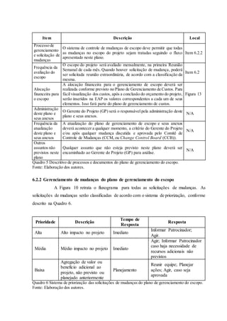 Item Descrição Local
Processo de
gerenciamento
e solicitação de
mudanças
O sistema de controle de mudanças de escopo deve permitir que todas
as mudanças no escopo do projeto sejam tratadas seguindo o fluxo
apresentado neste plano.
Item 6.2.2
Frequência da
avaliação do
escopo
O escopo do projeto será avaliado mensalmente, na primeira Reunião
Semanal de cada mês. Quando houver solicitação de mudança, poderá
ser solicitada reunião extraordinária, de acordo com a classificação da
mesma.
Item 6.2
Alocação
financeira para
o escopo
A alocação financeira para o gerenciamento de escopo deverá ser
realizada conforme previsto no Plano de Gerenciamento de Custos. Para
fácil visualização dos custos, após a conclusão do orçamento do projeto,
serão inseridos na EAP os valores correspondentes a cada um de seus
elementos. Isso fará parte do plano de gerenciamento de custos.
Figura 13
Administração
deste plano e
seus anexos
O Gerente do Projeto (GP) será o responsável pela administração deste
plano e seus anexos.
N/A
Frequência da
atualização
deste plano e
seus anexos
A atualização do plano de gerenciamento de escopo e seus anexos
deverá acontecer a qualquer momento, a critério do Gerente do Projeto
e/ou após qualquer mudança discutida e aprovada pelo Comitê de
Controle de Mudanças (CCM, ou Change Control Board (CCB)).
N/A
Outros
assuntos não
previstos neste
plano
Qualquer assunto que não esteja previsto neste plano deverá ser
encaminhado ao Gerente do Projeto (GP) para análise.
N/A
Quadro 5 Descritivo de processos e documentos do plano de gerenciamento do escopo.
Fonte: Elaboração dos autores.
6.2.2 Gerenciamento de mudanças do plano de gerenciamento do escopo
A Figura 10 retrata o fluxograma para todas as solicitações de mudanças. As
solicitações de mudanças serão classificadas de acordo com o sistema de priorização, conforme
descrito na Quadro 6.
Prioridade Descrição
Tempo de
Resposta
Resposta
Alta Alto impacto no projeto Imediato
Informar Patrocinador;
Agir.
Média Médio impacto no projeto Imediato
Agir; Informar Patrocinador
caso haja necessidade de
recursos adicionais não
previstos
Baixa
Agregação de valor ou
benefício adicional ao
projeto, não previsto ou
planejado anteriormente
Planejamento
Reunir equipe; Planejar
ações; Agir, caso seja
aprovada
Quadro 6 Sistema de priorização das solicitações de mudanças do plano de gerenciamento do escopo.
Fonte: Elaboração dos autores.
 