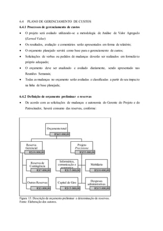 6.4 PLANO DE GERENCIAMENTO DE CUSTOS
6.4.1 Processos de gerenciamento de custos
 O projeto será avaliado utilizando-se a metodologia de Análise de Valor Agregado
(Earned Value)
 Os resultados, avaliação e comentários serão apresentados em forma de relatório;
 O orçamento planejado servirá como base para o gerenciamento de custos;
 Solicitações de verbas ou pedidos de mudanças deverão ser realizados em formulário
próprio adequado;
 O orçamento deve ser atualizado e avaliado diariamente, sendo apresentado nas
Reuniões Semanais;
 Todas as mudanças no orçamento serão avaliadas e classificadas a partir do seu impacto
na linha de base planejada;
6.4.2 Definição de orçamento preliminar e reservas
 De acordo com as solicitações de mudanças e autonomia do Gerente do Projeto e do
Patrocinador, haverá consumo das reservas, conforme:
Figura 13. Descrição de orçamento preliminar e determinação de reservas.
Fonte: Elaboração dos autores.
Orçamento total
R$65.000,00
Reserva
Gerencial
R$10.000,00
Reserva de
Contingência
R$7.000,00
Outras Reservas
R$3.000,00
Projeto
Precisione
R$55.000,00
Informática,
comunicação e
segurança
R$15.000,00
Mobiliário
R$10.000,00
Capital de Giro
R$15.000,00
Despesas
administrativas
R$15.000,00
 