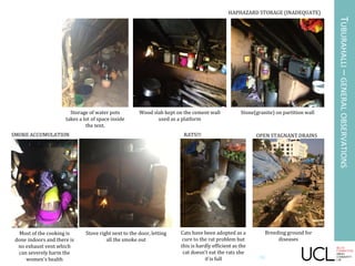 TUBURAHALLI–GENERALOBSERVATIONS
Cats have been adopted as a
cure to the rat problem but
this is hardly efficient as the
cat doesn’t eat the rats she
if is full
Breeding ground for
diseases
Most of the cooking is
done indoors and there is
no exhaust vent which
can severely harm the
women's health
Wood slab kept on the cement wall
used as a platform
Stone(granite) on partition wallStorage of water pots
takes a lot of space inside
the tent.
Stove right next to the door, letting
all the smoke out
OPEN STAGNANT DRAINS
HAPHAZARD STORAGE (INADEQUATE)
SMOKE ACCUMULATION RATS!!!
18
 