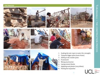 THE PROCESS
1. Soaking the jute ropes in water (for strength)
2. Tying the bigger poles (main frame)
3. Adding in the smaller poles
4. Framework
5. Mixing mud mortar
6. Laying cement blocks
7. Applying mud plaster (very dilute)
8. Putting the tarpauline
TUBURAHALLI–THECONSTRUCTIONPROCESS
1 2 3 4
5 6 7
8
21
 