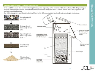 SAND FILTERS – PURIFICATION AND PERCOLATION
A bio sand filter can be also used for obtaining drinking water depending on the contents and the type of water. The dirty water goes
through different layers of stone and rocks which sieves and filters the water. This is a natural process which also happens in the
soil and water gets collected.
For efficient usage of a sand filter is to level each layer of the different grades of sands and rocks according to consistency.
Discard rock > 12
mm (½“)
Drainage Gravel
6 mm (¼”) - 12 mm
(½“)
Separating Gravel
6 mm (¼”) - 1 mm
(0.04”)
Concrete Sand
1 mm (0.04”)
Filtration Sand
≤ 0 7 mm (0 03”)
RESEARCH:SYSTEMS
24
 
